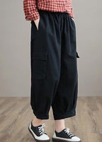 100% Spring Trousers Women's Black Pattern Elastic Waist Pockets Wild Pants
