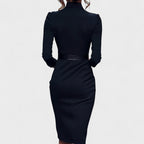Kate | Refined black dress with belt and mandarin collar