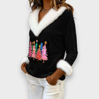 Liz | Knitted top with V-neck and Christmas tree print