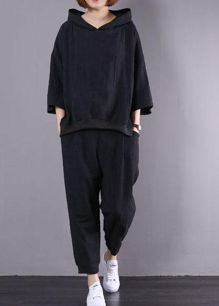 2025 new black cotton linen two pieces hooded pullover and elastic waist pants