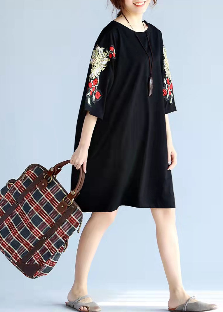 2025 unique stylish black embroidery cotton pullover plus size appliques short sleeve mid tops