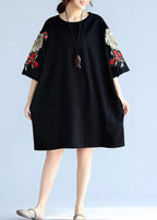 2025 unique stylish black embroidery cotton pullover plus size appliques short sleeve mid tops