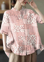 Grey Purple Print Cotton Shirts Low High Design Short Sleeve