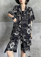 Art Black Print Summer Cinched Linen Short Sleeve Two Piece Suit Set
