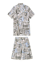 Art Black Print Summer Cinched Linen Short Sleeve Two Piece Suit Set