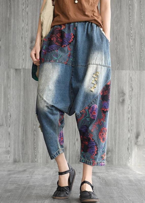 Art cotton clothes Women Casual Printed Frayed Low Crotch Jeans