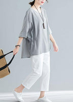 Beautiful Grey Cinched Cotton Blouse Tops Summer
