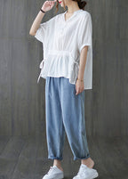 Beautiful White V Neck Drawstring Ruffled Tank Tops Short Sleeve