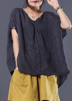 Beautiful blue striped linen clothes For Women v neck baggy summer top