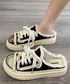 Black Platform Canvas Casual Splicing Slide Sandals Lace Up