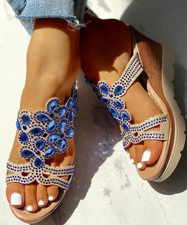 Blue Gemstone High Wedge Heels Faux Leather 2025 Peep Toe Slide Sandals