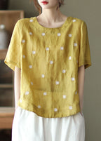 Bohemian Yellow O-Neck Linen Shirt Top Short Sleeve