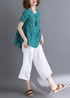 Sold Out-Bohemian o neck Cinched cotton shirts Wardrobes green print blouse summer