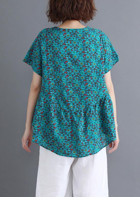 Sold Out-Bohemian o neck Cinched cotton shirts Wardrobes green print blouse summer