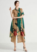 Boho Apricot Green Stand Button Summer Two Pieces Set Short Sleeve
