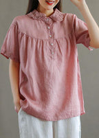 Boutique Green Peter Pan Collar Button Linen Summer Shirt Tops