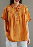 Boutique Green Peter Pan Collar Button Linen Summer Shirt Tops
