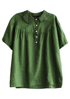 Boutique Green Peter Pan Collar Button Linen Summer Shirt Tops