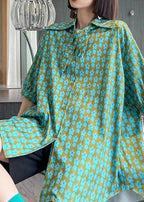 Casual Green Print Button Short Sleeve Cotton Top