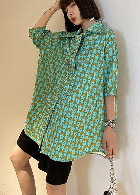 Casual Green Print Button Short Sleeve Cotton Top