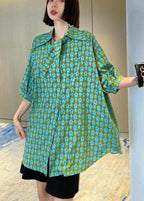 Casual Green Print Button Short Sleeve Cotton Top