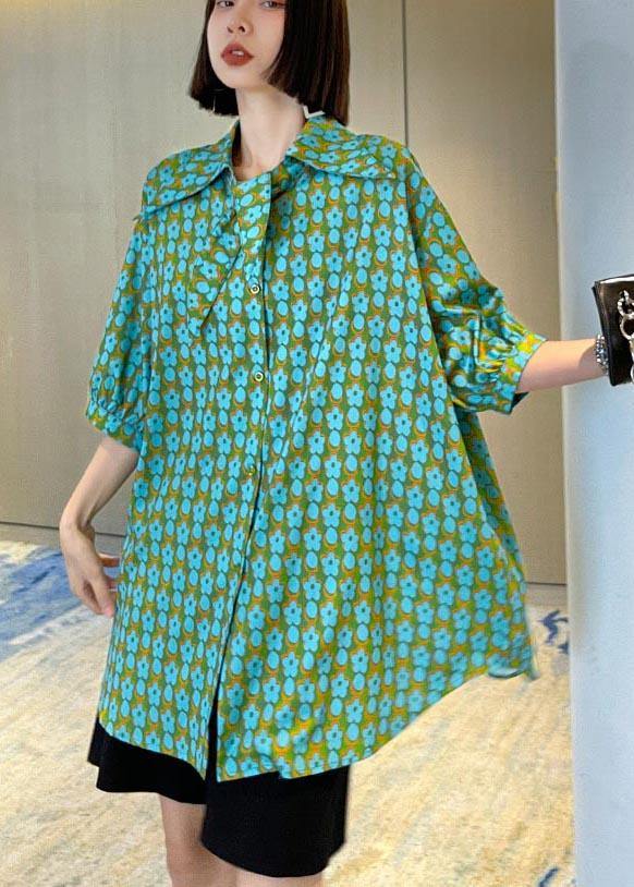 Casual Green Print Button Short Sleeve Cotton Top