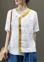 Casual Purple Embroideried Asymmetrical Design Patchwork Summer Linen Blouse Top Short Sleeve