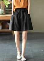 Casual Solid Black Elastic Waist Linen Shorts Trousers Summer