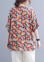 Chic Red Print Half Sleeve Cotton Linen Summer Shirt