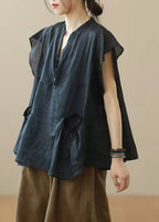 Chic Black V Neck Patchwork Fall Shirt Top Short Sleeve