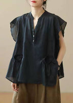 Chic Black V Neck Patchwork Fall Shirt Top Short Sleeve