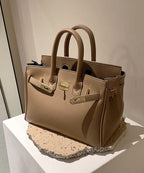 Classy Khaki Faux Leather Solid Durable Tote Handbag