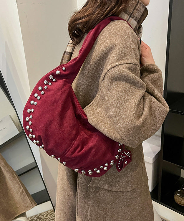 Classy Red Rivet Durable Faux Leather Satchel Handbag