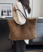Coffee Straw Woven Satchel Bag Handbagdbag Patchwork Zip Up