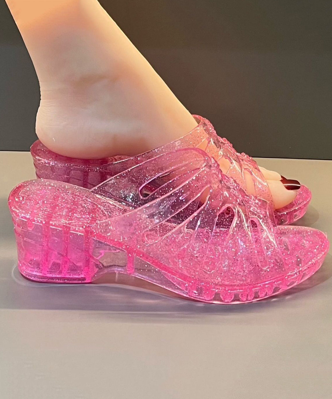 Comfortable Wedge Rose Clear Slide Sandals Peep Toe
