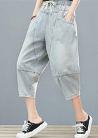Drawstring personality pocket washed jeans plus size women's elasticated waist cropped pants