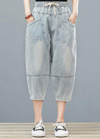 Drawstring personality pocket washed jeans plus size women's elasticated waist cropped pants