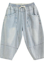 Drawstring personality pocket washed jeans plus size women's elasticated waist cropped pants