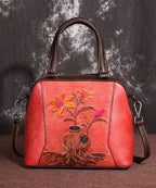 Elegant Retro Coffee Embossed Calf Leather Tote Handbag