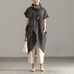 Elegant linen cotton tops plus size Mock Neck Short Sleeve Lattice Irregular Tops