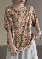 Fashion Blue O-Neck Original Design Print Linen Tank Short Sleeve