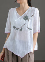 Fine White V Neck Embroideried Floral Linen Top Short Sleeve