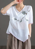 Fine White V Neck Embroideried Floral Linen Top Short Sleeve