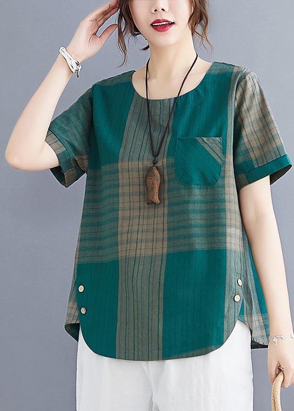 French Grey Plaid asymmetrical design Cotton Linen Blouse Top Summer