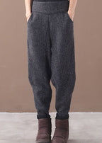 French Grey Pockets Patchwork Warm Fleece Pants Winter