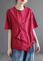French Yellow Asymmetrical Design Hole Summer Patchwork Cotton Half Sleeve