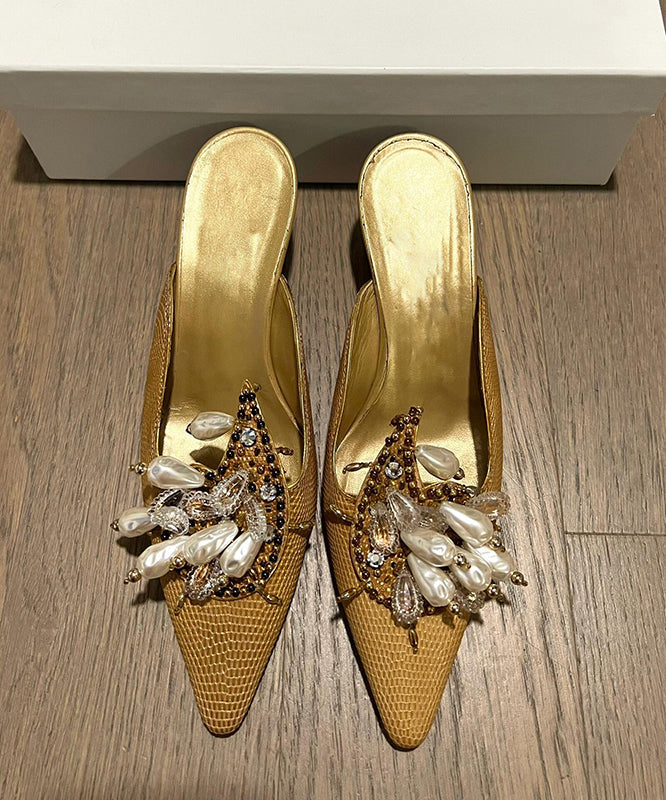 Golden Slide Sandals 2025 New French Pointed Toe Bead Decorated