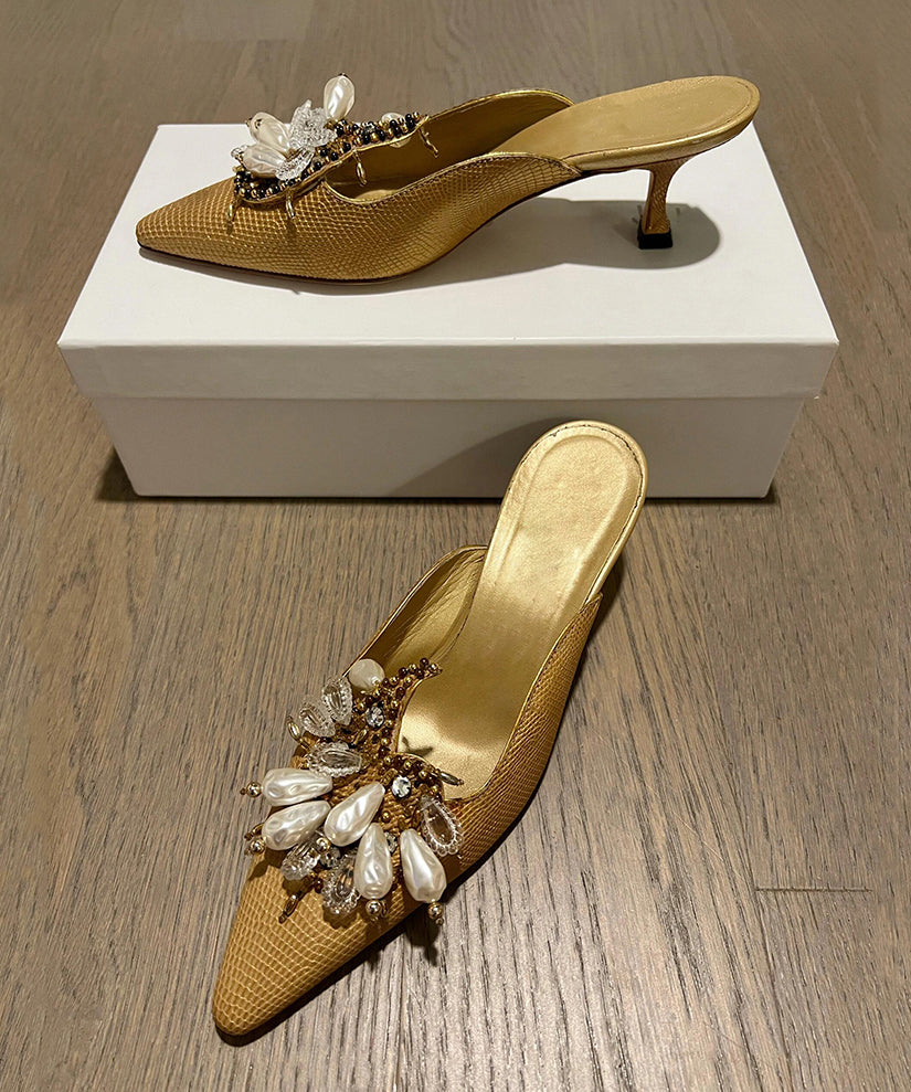 Golden Slide Sandals 2025 New French Pointed Toe Bead Decorated
