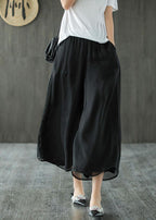 Handmade Black Elastic Waist Retro Wide Leg Crop Pants