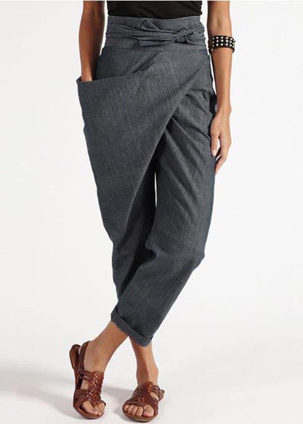 Grey asymmetrical design High Waist Cotton Harem Summer Pants